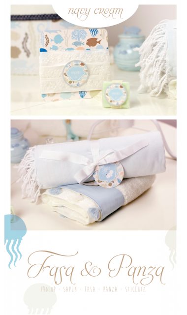 Trusou de botez brodat pentru baieti cu pestisori, Navy Cream 1
